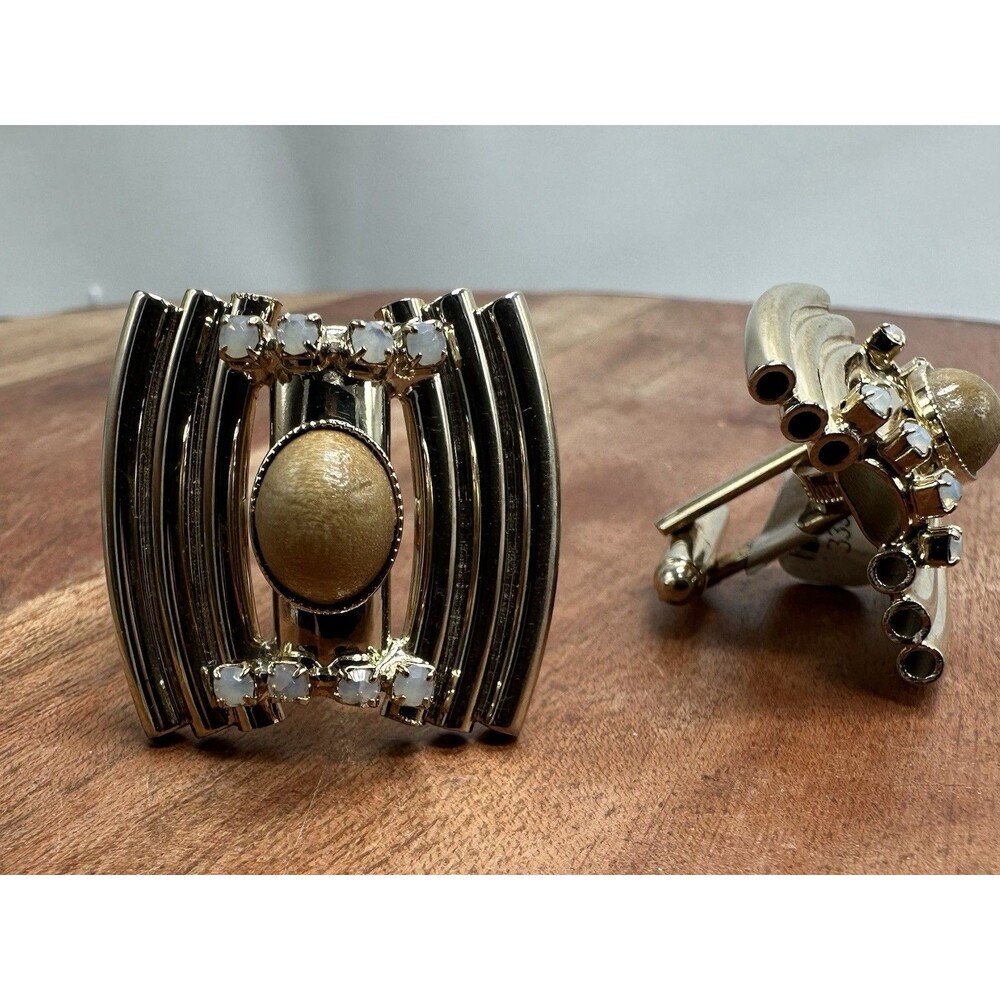 Anne Fontaine Statement Gold Cabochon & Opal Accents Cufflinks Signed